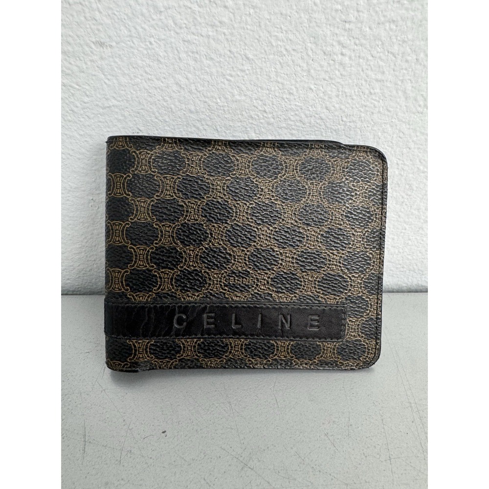 CELINE Macadam Bifold Wallet Mens Black Embossed Leather Brown Monogram Italy